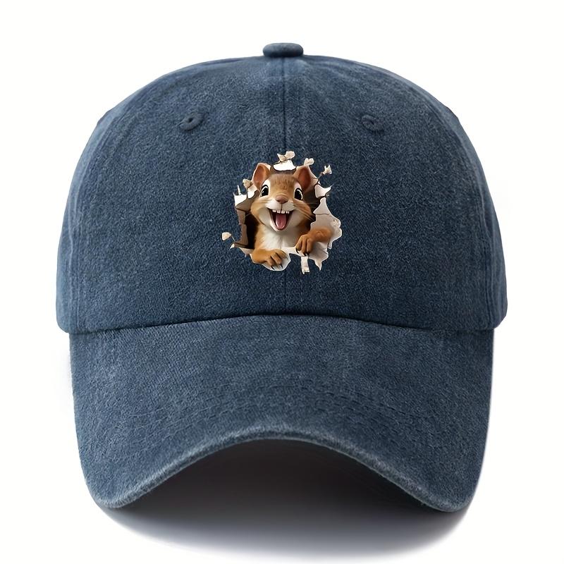 Cartoon Squirrel Print Retro Washed Lightweight Curved Brim Hat Suitable for Outdoor Vacation, Travel, Camping Truck Driver Hat