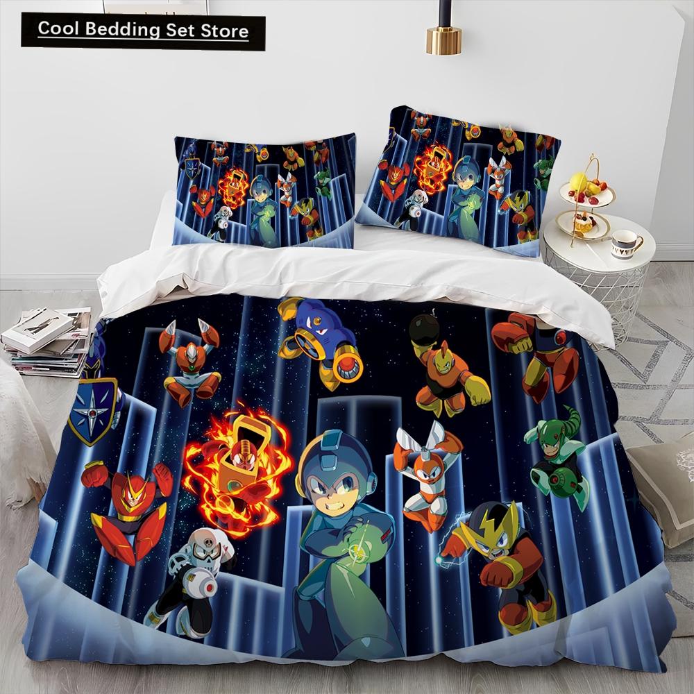 3D Рокмен Мегамен Игра Мультяшный Комплект Постельного Белья Одеяло Пододеяльник Наволочка,Королевский Размер Квинсайз Детский