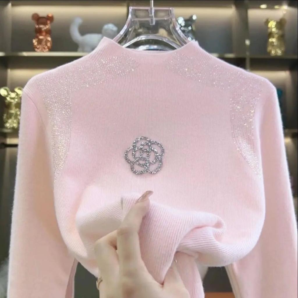 Женский свитер с полувысоким воротником и стразами, однотонный, эластичной вязки, пуловер, осень, зима