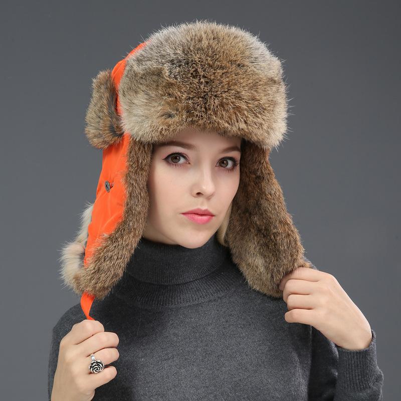 Russia Winter Real Fur Hat Unisex Outdoor Windproof Super Warm Real Rabbit Fur Bomber Hats Natural Soft Natural Rabbit Fur Caps