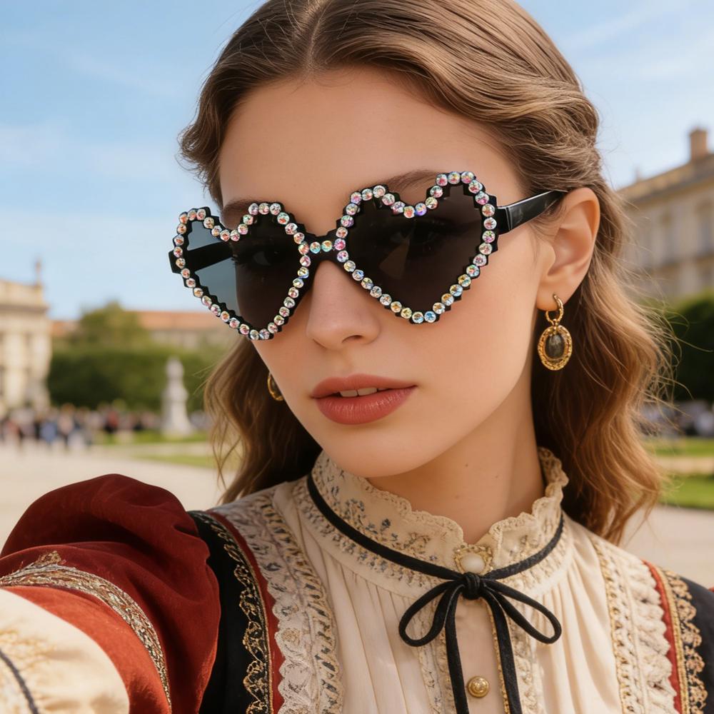 Trendy Party Shades Rhinestone Heart Sunglasses for Women Gradient Tinted Lenses UV Protection for Festivals KJ188