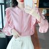 Модные женские блузки с О-образным вырезом и оборками, элегантные женские блузки, розовые, с фестончатым краем, с длинным рукавом, винтажные повседневные рубашки, топы, однотонная приталенная рубашка, женская одежда 3404