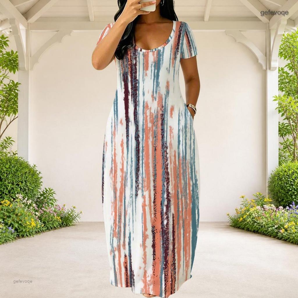 Women Plus Size Round Neck Short Sleeve Abstract Printed Blue Green Loose Long Dress With Side Pockets