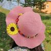 Boys Girls Sun Hat Sun-Blocking Design Breathable Beach Hat Wavy Brim Yellow Flowers Beads Weave Straw Hat