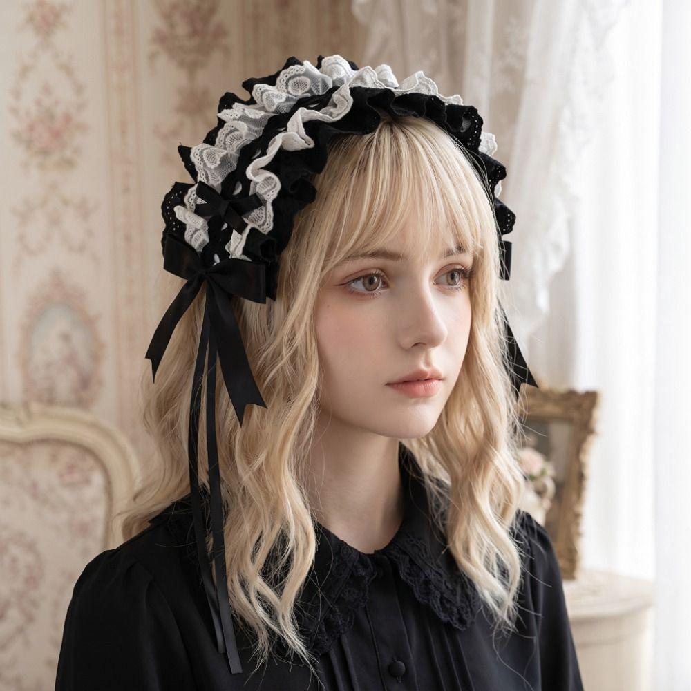 Rivet Lolita Wings Lace Headband Y2k Ruffled Hairband Cute Lolita Hair Clip Comic Convention