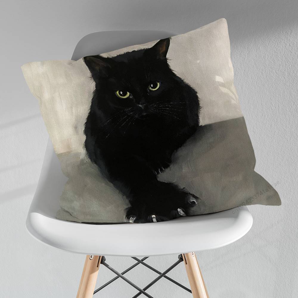 Cute Black Cat Cartoon Art Pillowcase for Sofa Room Office Decor Printing Merchandise AllMatch Cushion Cover