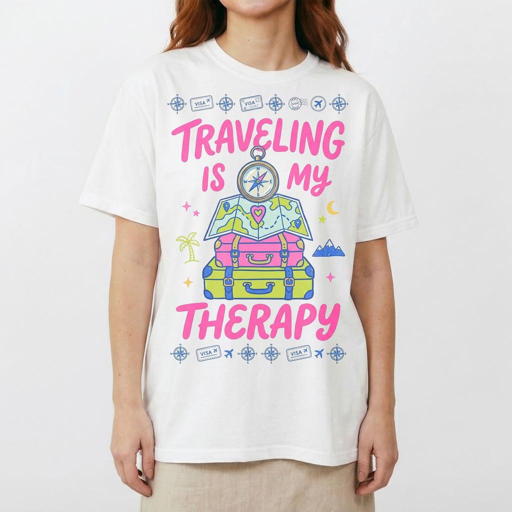 Suitcase Map Compass Stars Moon Palm T-Shirt Traveling Is My Therapy Journey Tee