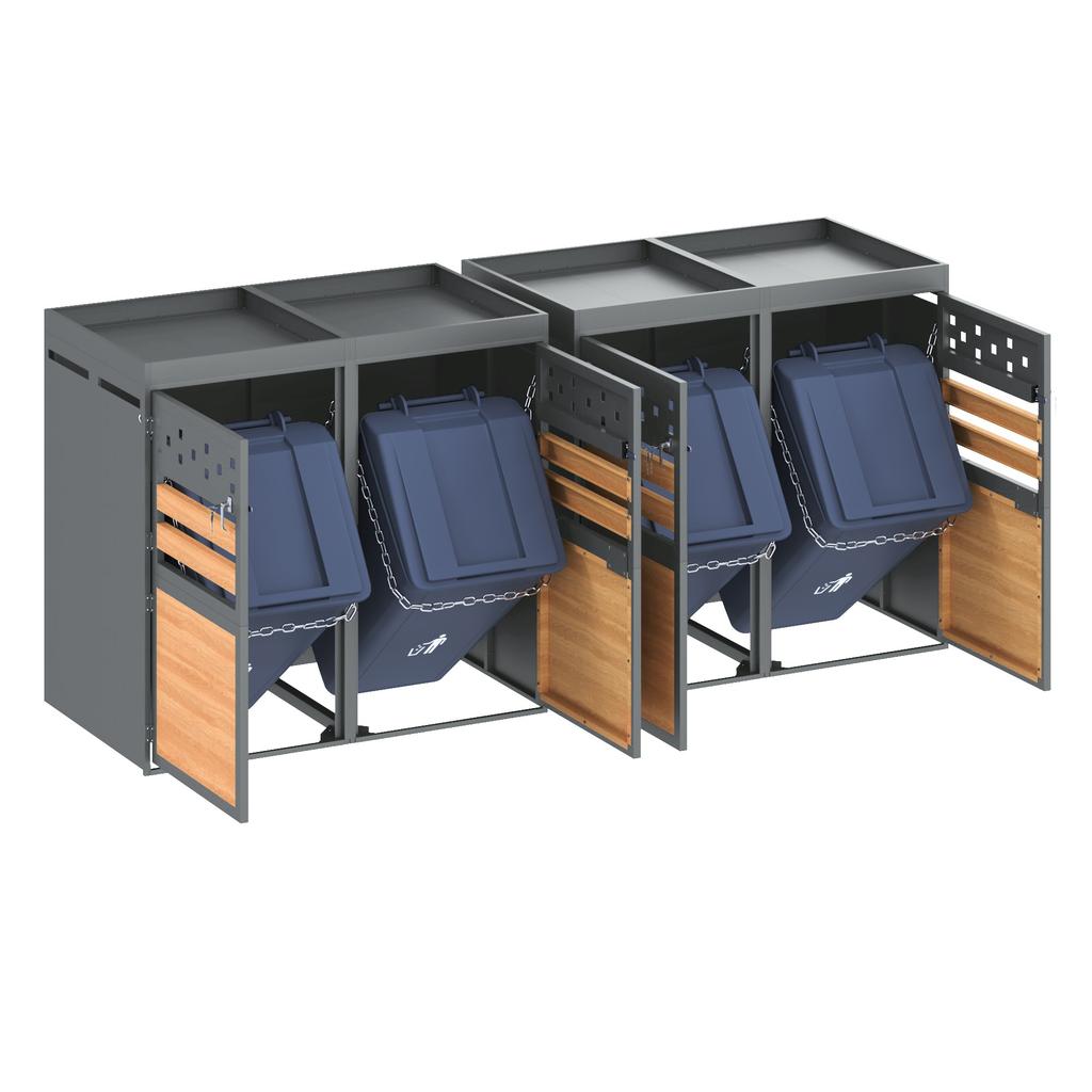 Bin Box Set of 4, Planting Roof, 120-240 Liters, Anthracite, Door in Wood Look incl. Expansion Option (Product does not include built-in trash can)