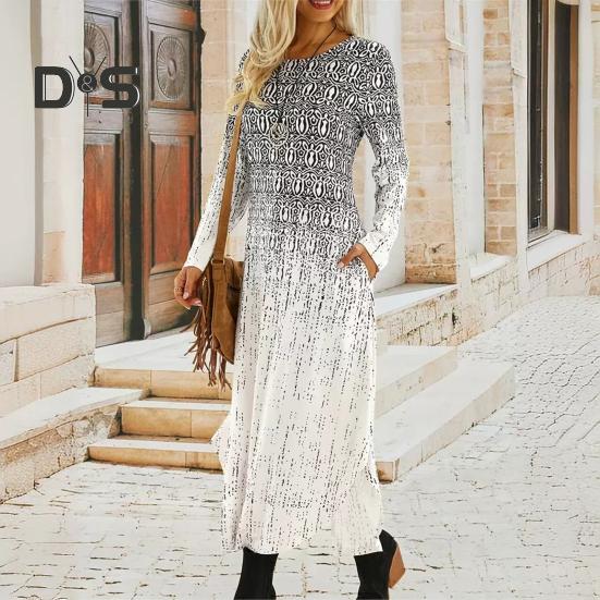 Осенне-весеннее женское платье с круглым вырезом и карманами, длинными рукавами, трапециевидным принтом, свободное платье макси с нерегулярным подолом для свиданий