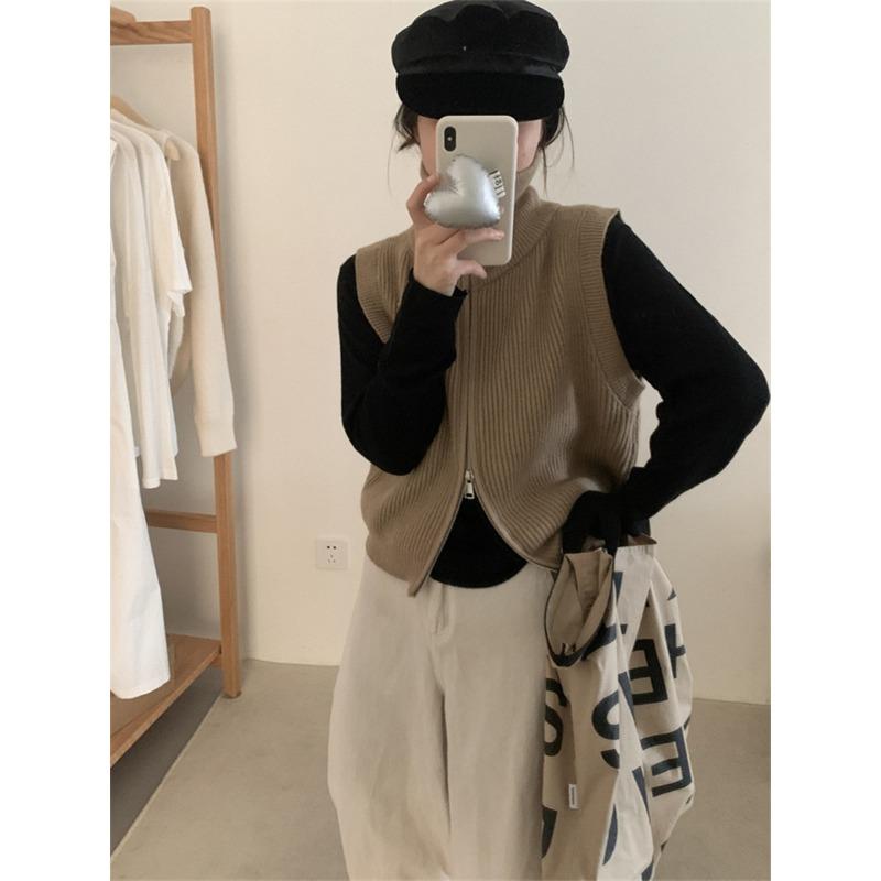 Женский осенне-зимний вязаный кардиган с двойной молнией и лацканами