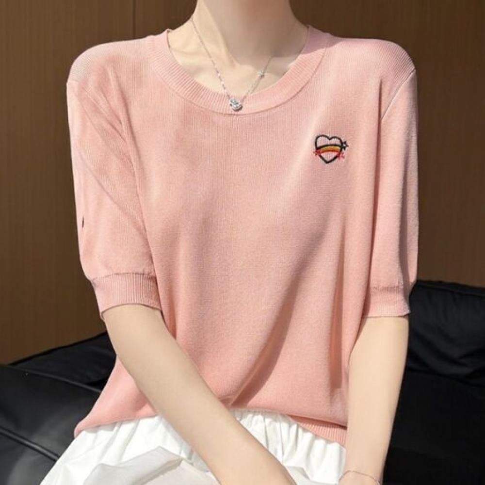Navava Heart Embroidery Point Round Neck Short Sleeve Knit Top Nk3662