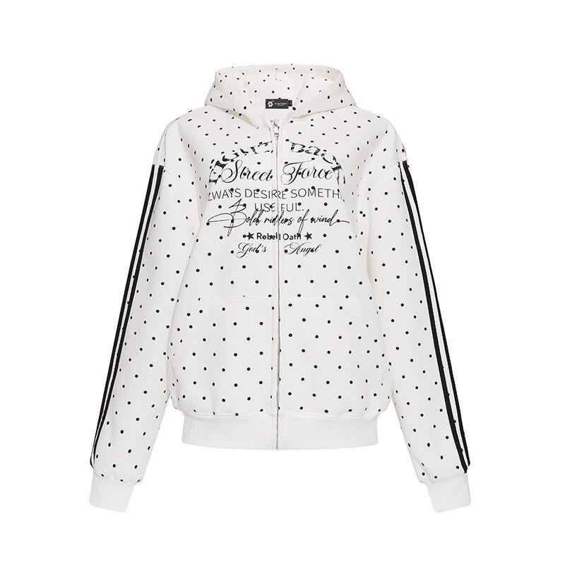 American Retro Polka Dot Letter Print Hoodie Loose Zip-Up Sweatshirt Streetwear