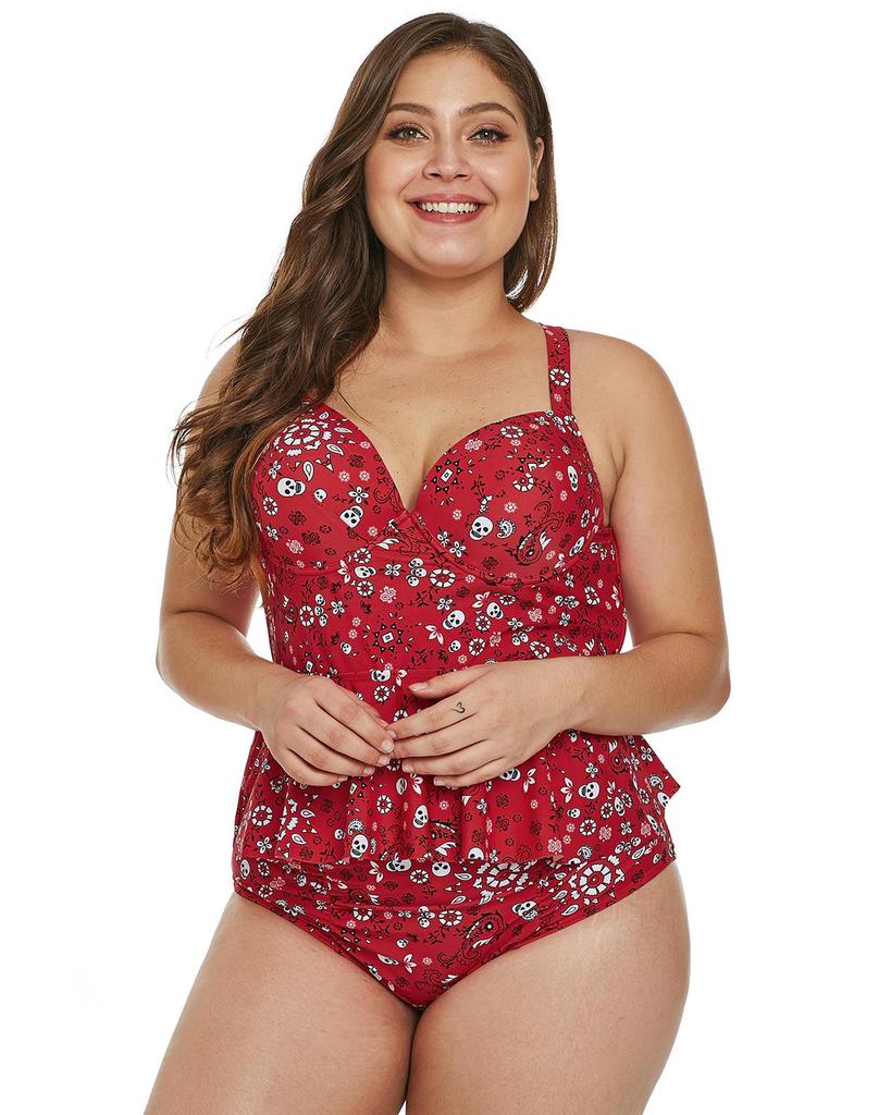 Azura Exchange Red Print Moulded Cups Peplum Plus Size Bikini