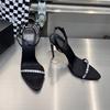 Черные туфли-стилеты с острым носком Женские Весна Лето 2024 Новые Сексуальные Тренд Знаменитости Одна Линия со Стразами Босоножки с Открытым Носком