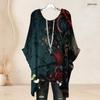 Women Plus Size Round Neck Batwing Sleeve Loose Skull Printed Top Black Purple Pink Side Slit Hem