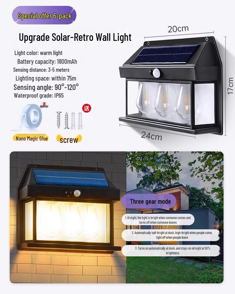 Солнечный уличный водонепроницаемый настенный светильник для двора, входа на виллу и садового патио
