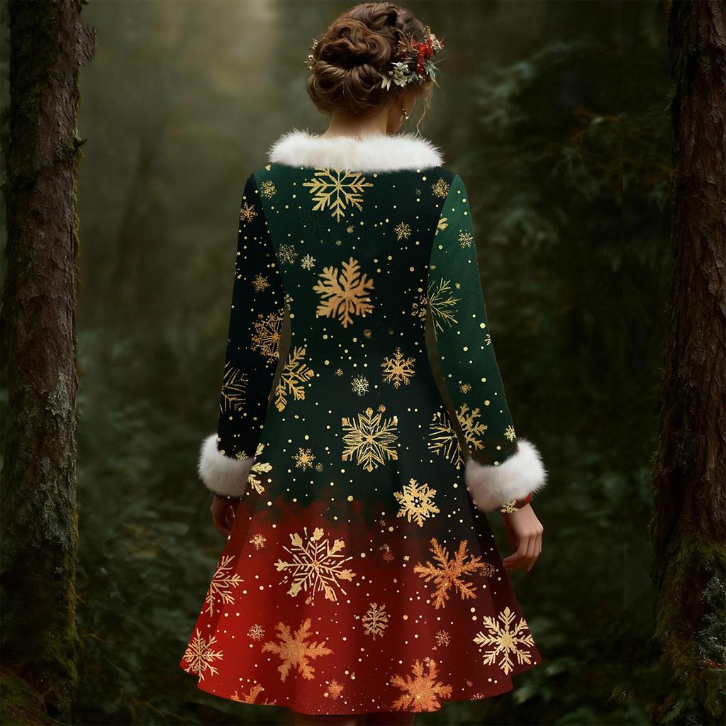 Женское повседневное платье с V-образным вырезом, рождественским принтом, плюшевыми длинными рукавами