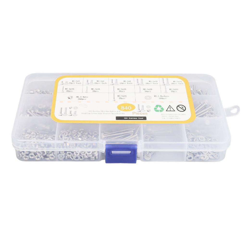 840 шт. набор болтов и гаек метрический M2. Ассорти из шестигранных винтов из нержавеющей стали с плоским шлицем W