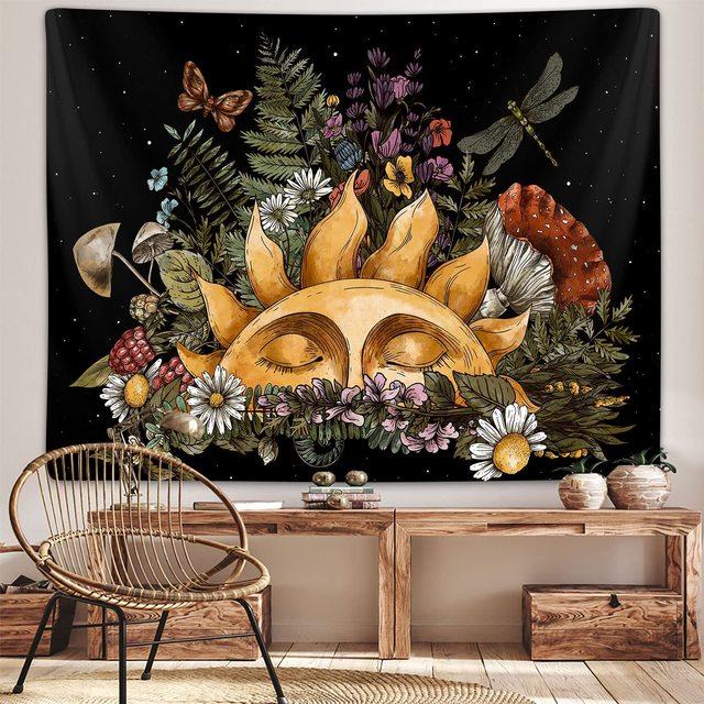 Burning Sun Tapestry Vintage Floral Psychedelic Mushroom Room Decor Aesthetic Plants And Leaves Tapestries Mystic Hippie Cloth