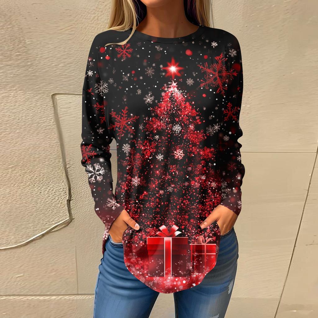Tee Shirts For Women Fall Casual Long Sleeve Shirts Sweatshirt Vintage Graphic Printing Top Pullover Christmas