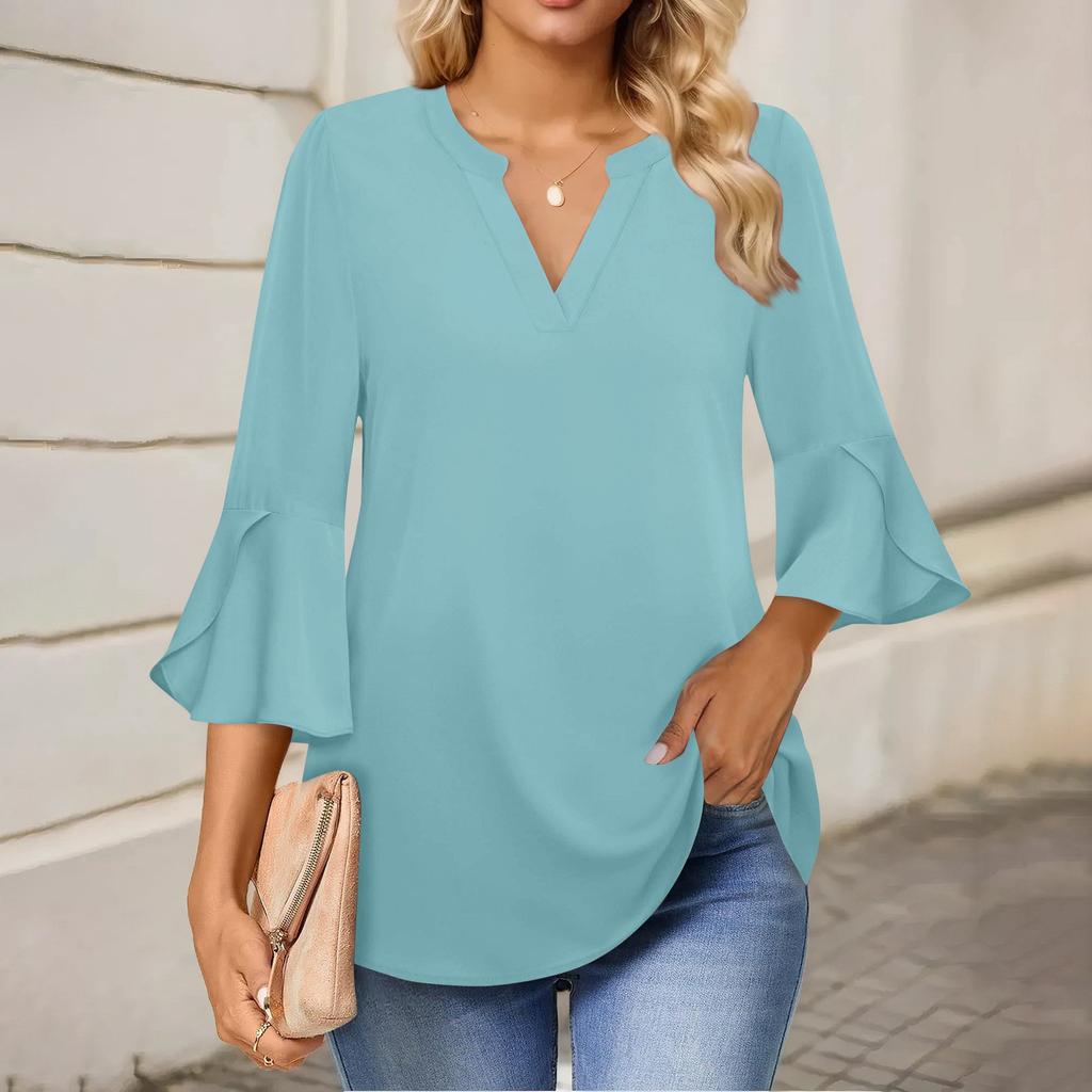 Женская рабочая рубашка с плиссировкой и рукавом 3/4, рубашка с V-образным вырезом, повседневная рубашка с завязками на талии, деловая рубашка