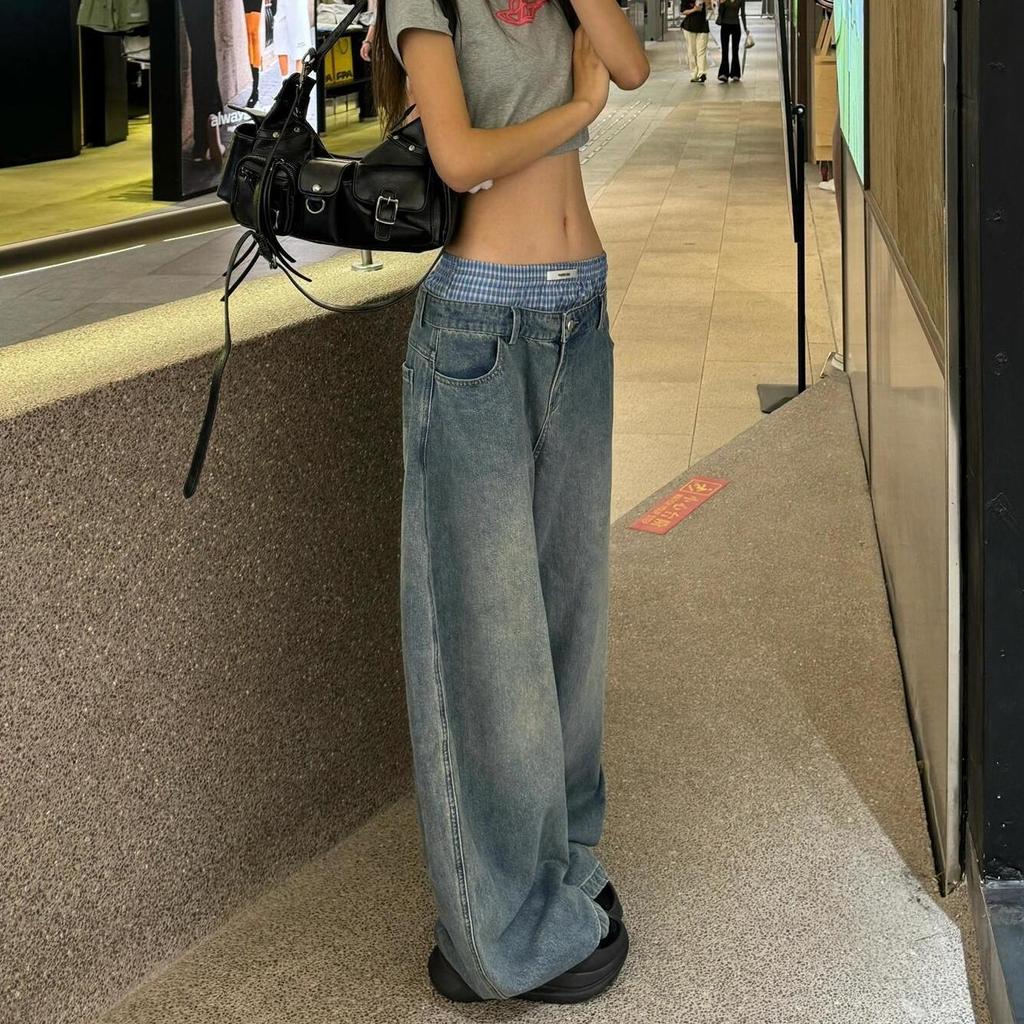 Retro Sexy High Waist Oversized Jeans For Women Casual Baggy Pocket Y2K Pants Wide Leg Streetwear Blue Denim Trouser