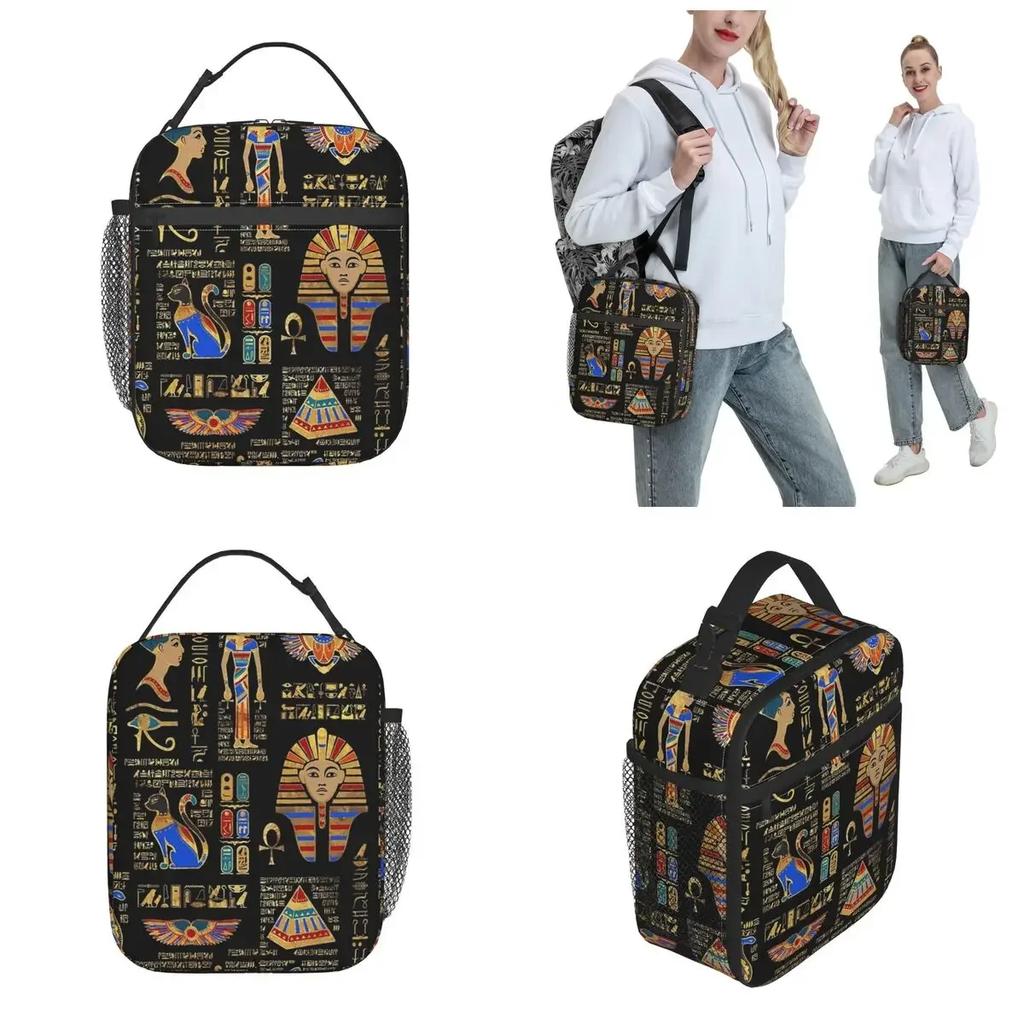 Egyptian Hieroglyphs And Deities Thermal Insulated Lunch Bags Ancient Egypt Portable Lunch Container Thermal Cooler Food Box