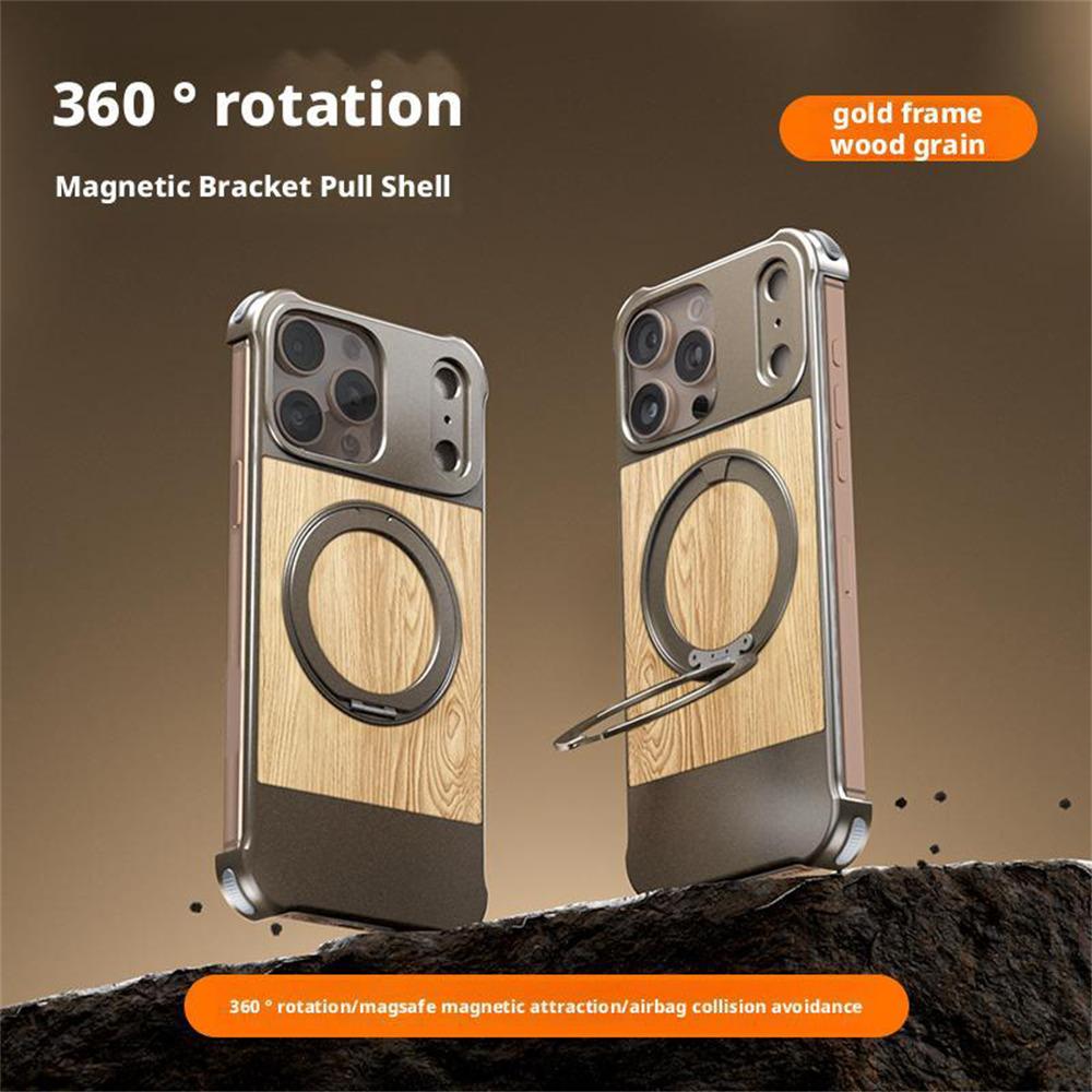 For iPhone 15 Pro Max Magnetic Case Borderless Walnut+Metal Kickstand Phone Cover