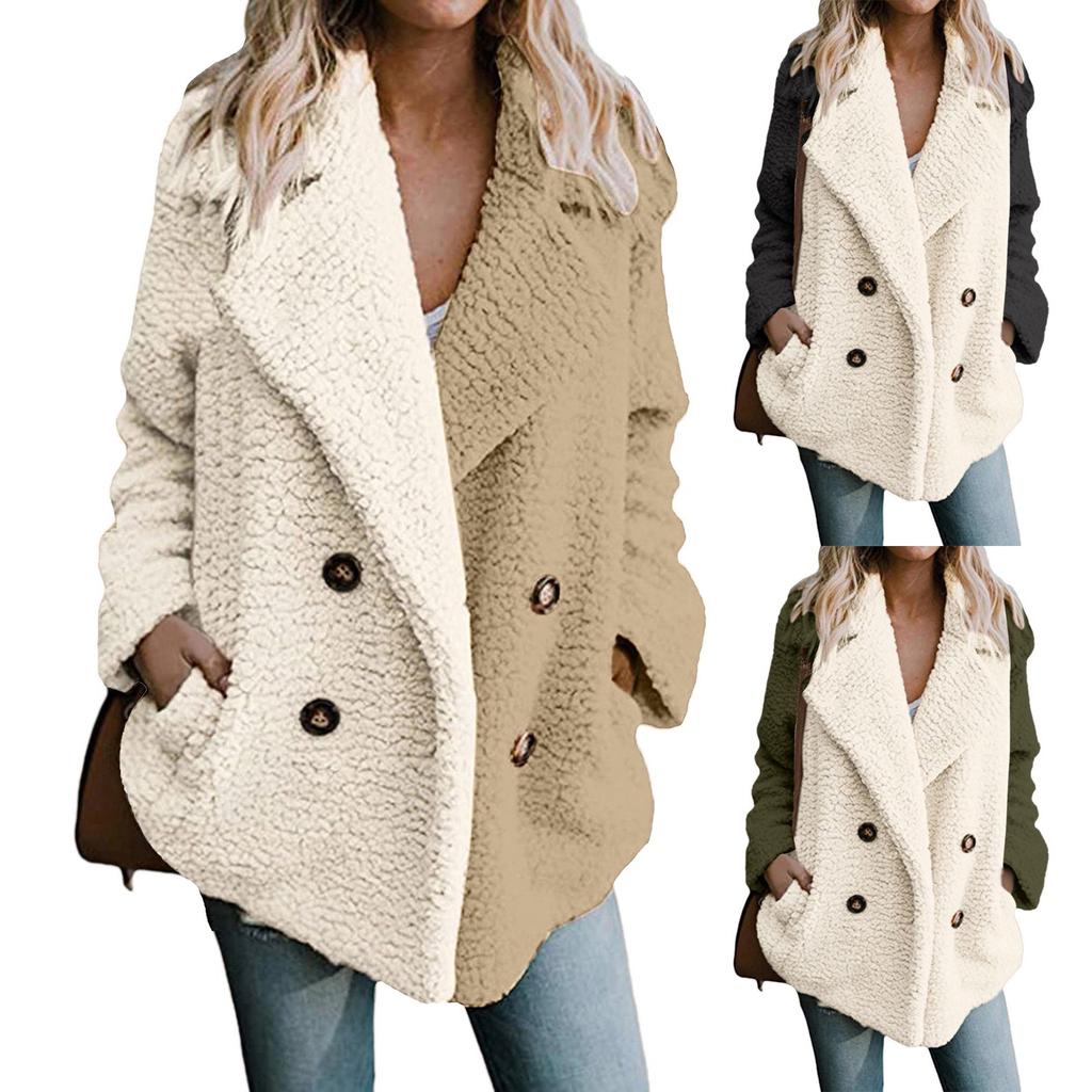 Women's Winter Casual Padded Thickened Suit Collar Button Lambswool Jacket Cardigan