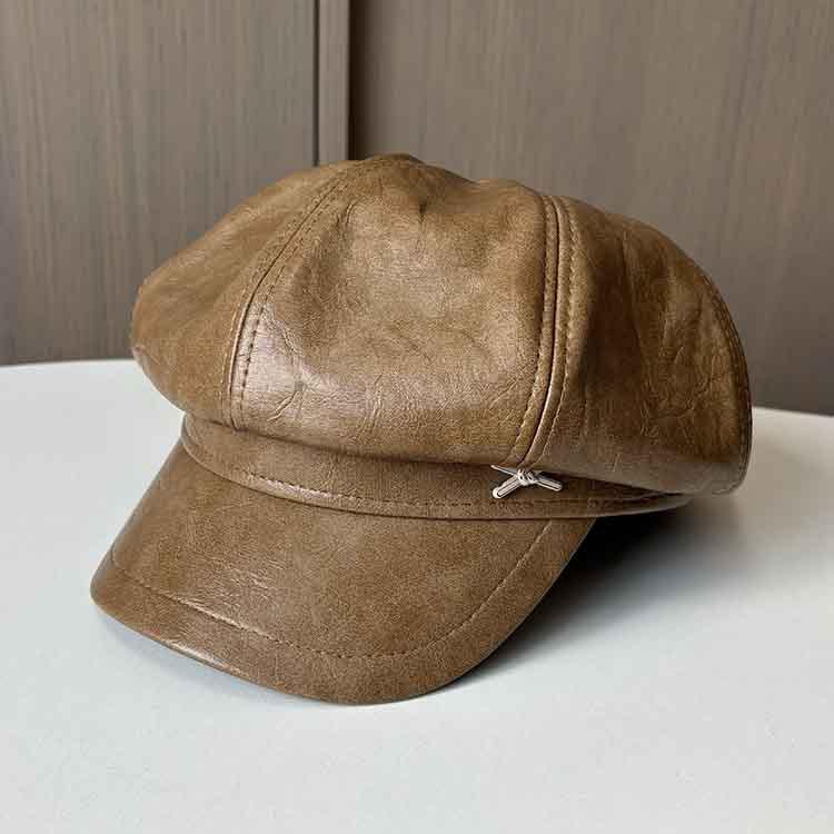Spring and Autumn New PU Leather Octagonal Hat Children's Fashion Casual Face Small Peaked Hat Retro British Painter Hat Tide