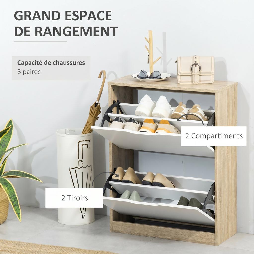 Narrow Shoe Cabinet, 2 Drop-Down Drawers, 8 Pairs, Oak & White