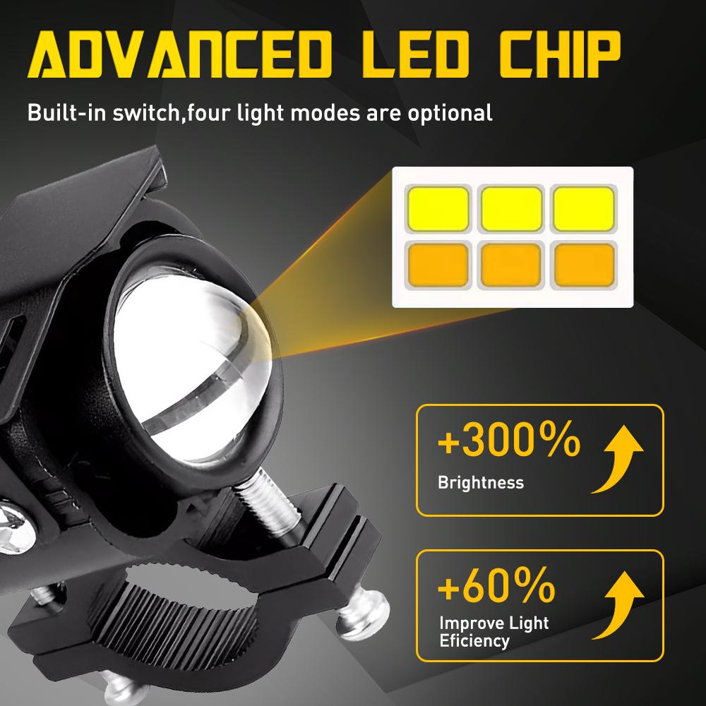 2Pcs Motorcycle Spotlights LED Yellow White Four Mode Strobe 12V Motorcycle Lamp Universal Moto Headlight Spotlights Accessories