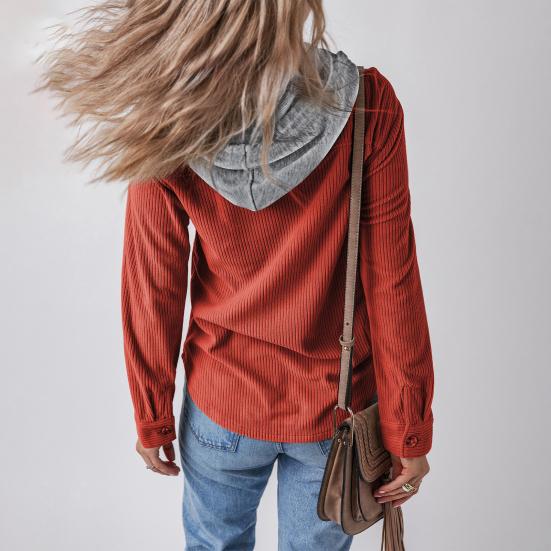 Весна Осень Женская Рубашка С Лоскутным Капюшоном И Нагрудными Карманами Завязывается На Шнурок Однобортная