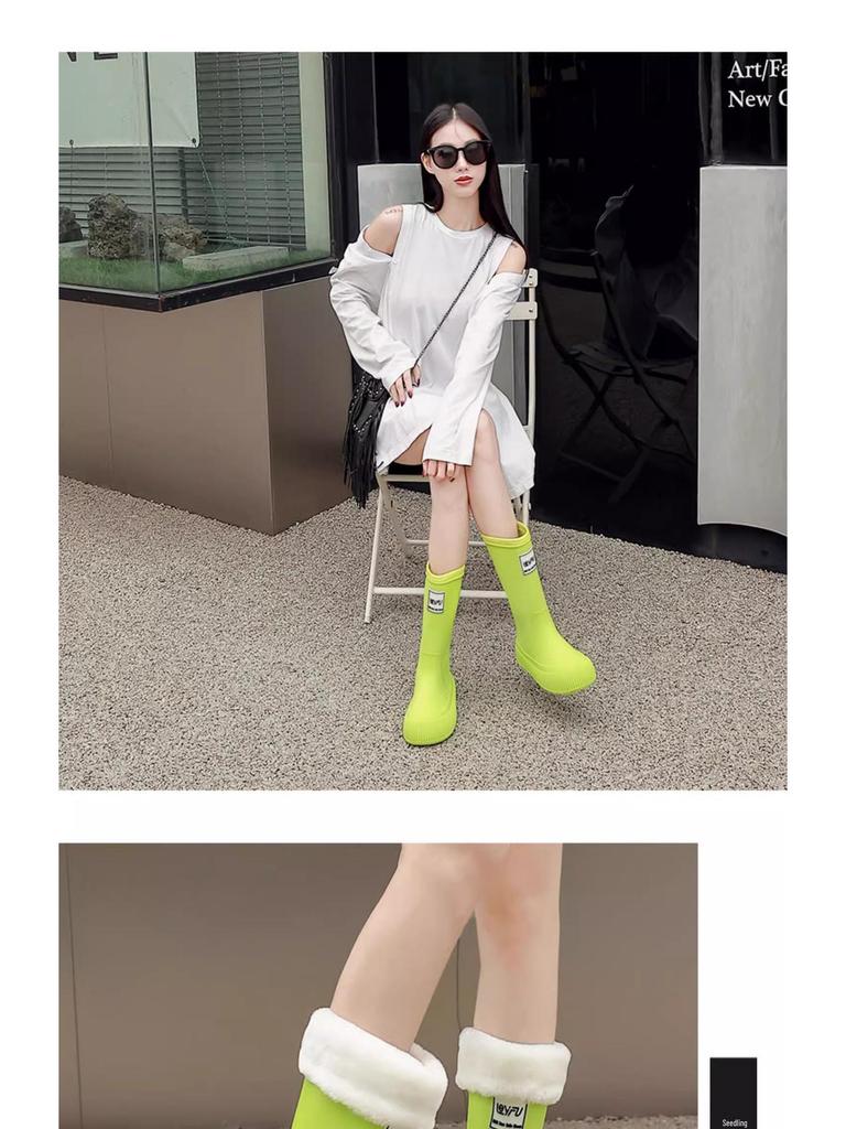 Женские высокие резиновые сапоги в японском стиле с флисовой подкладкой, водонепроницаемые - Нескользящие, легкие и износостойкие.