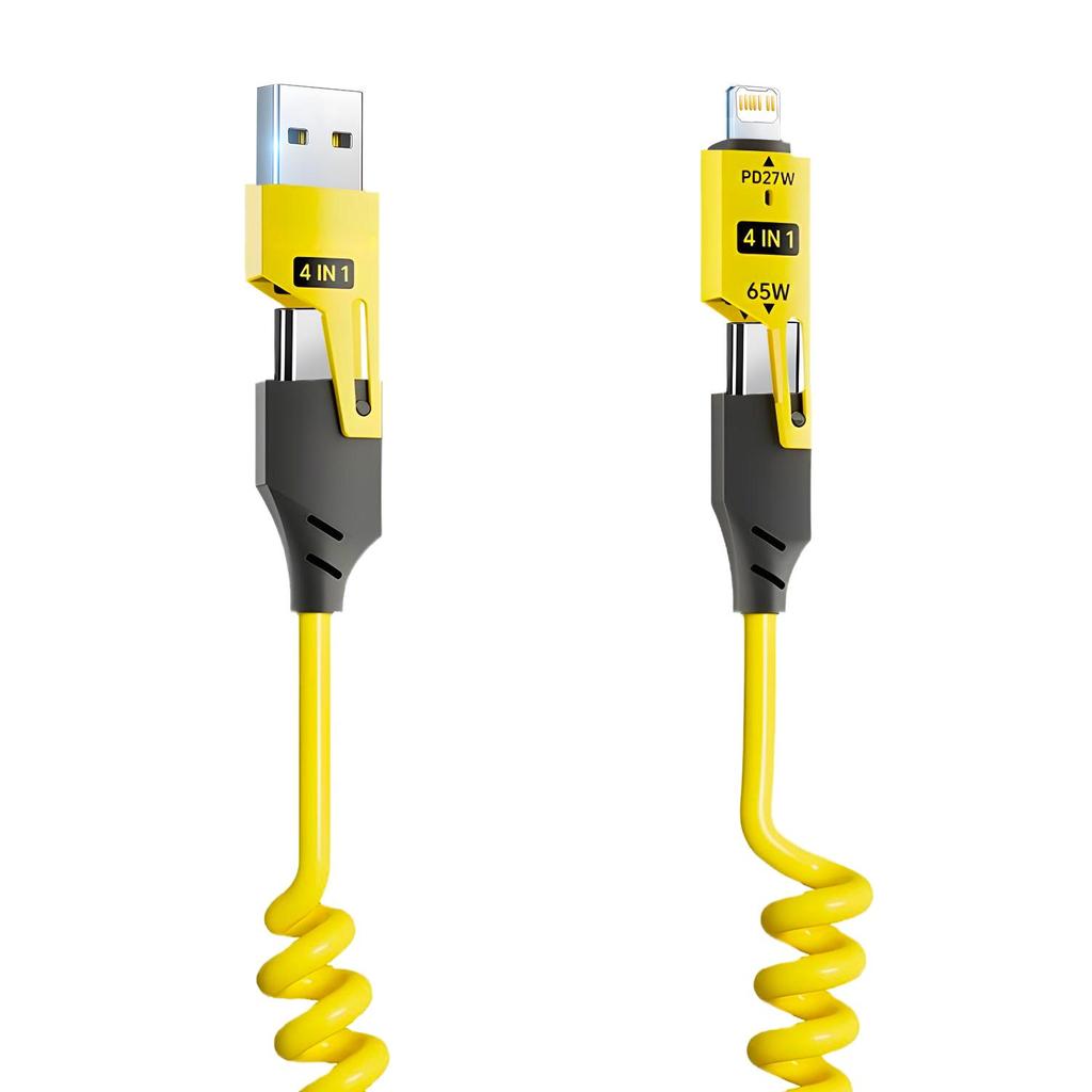 Кабель для быстрой зарядки 4-в-1 мощностью 65 Вт с разъемами USB Type-C и Lightning, телескопическая конструкция с пружиной