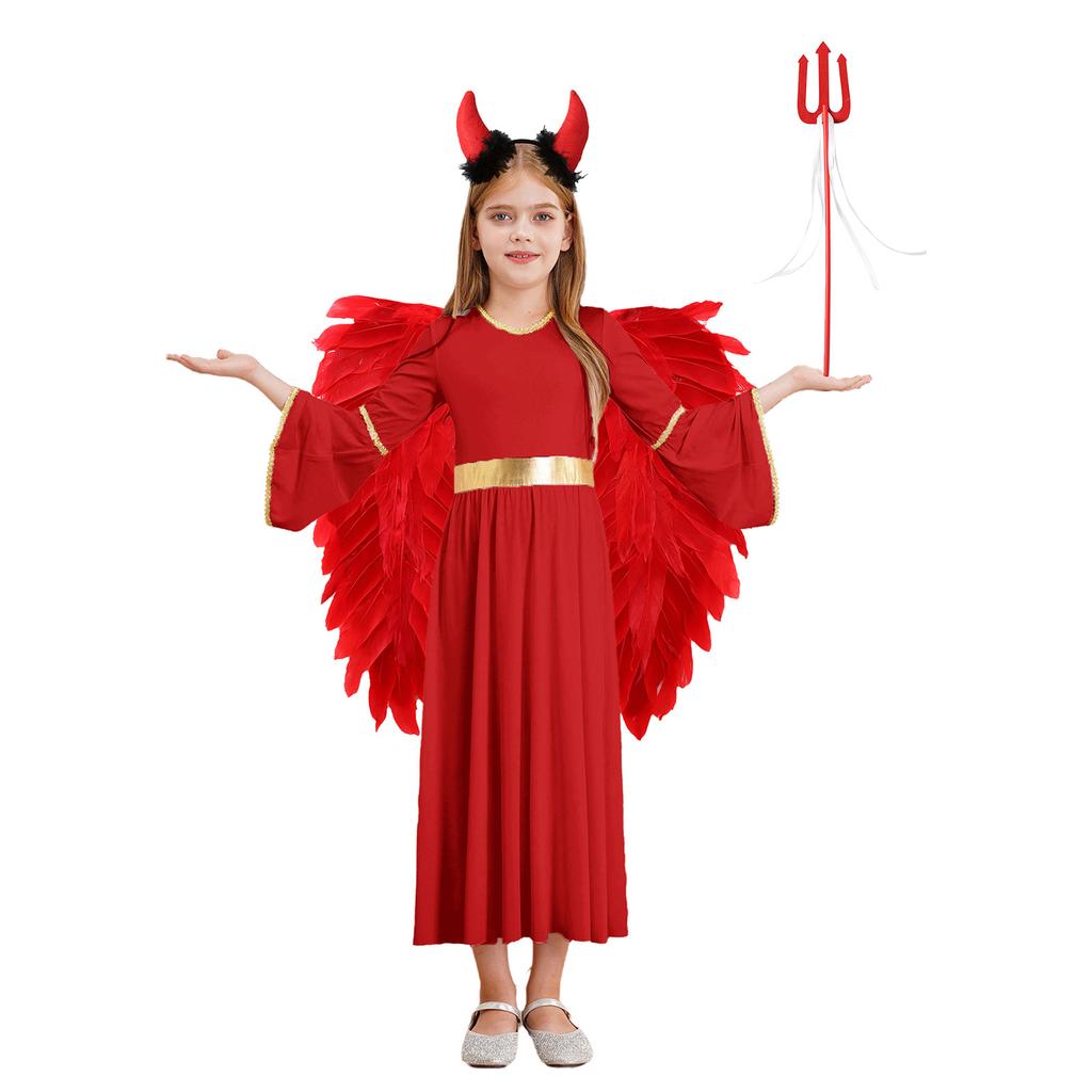 Girls Halloween Party Costume 4Pcs Angel Set with Dress Wings Headband & Wand Cosplay Performance Outfit