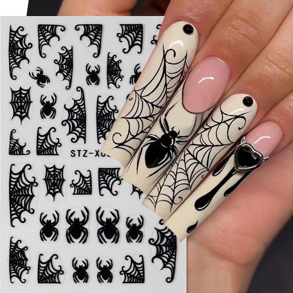 8 Sheets Halloween Nail Decals Self-Adhesive Black White Art Stickers For Women