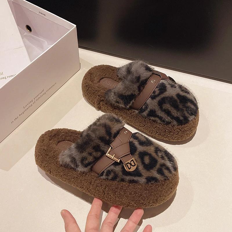 Леопардовый женский балетки на платформе меховые тапочки домашняя хлопковая обувь зимняя повседневная обувь мюли 2025 тренд новые шлепанцы Zapatillas Mujer