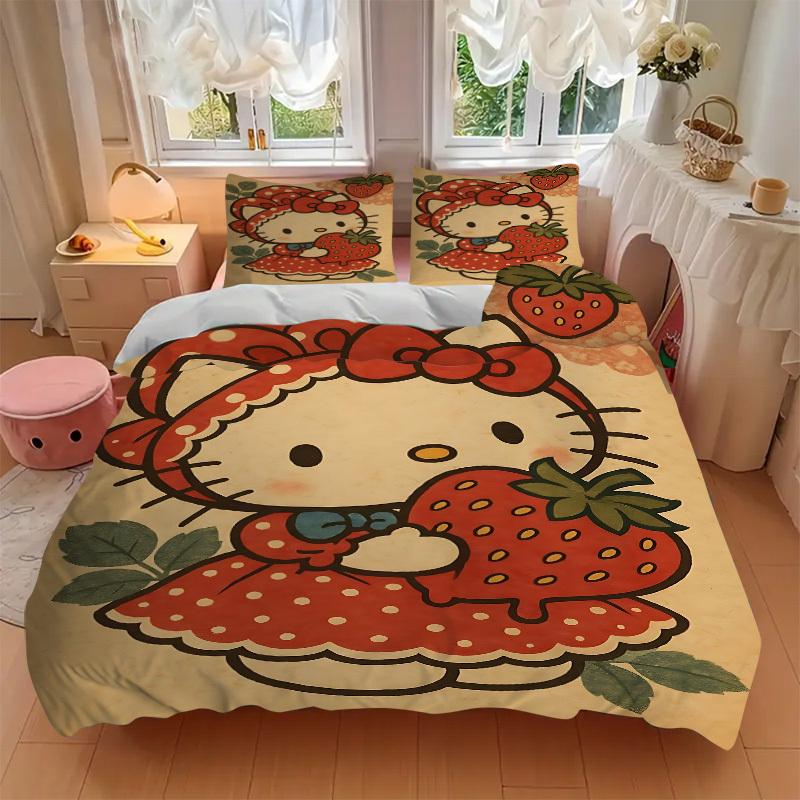 3pcs Strawberry Hello Kitty Duvet Cover Set, 1 Duvet Cover + 2 Pillowcases (No Insert), High-Definition Print, Home & Dorm Set yy251208023