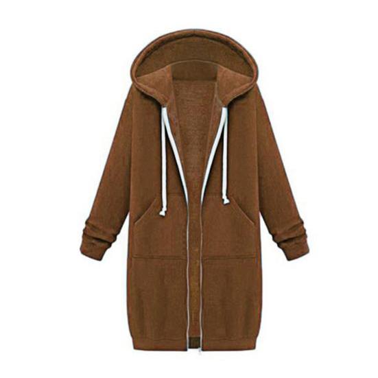 Women Sweatshirt Coat Hooded Adjustable Drawstring Long Sleeve Coat with Pockets Solid Color Mid-length Outerwear