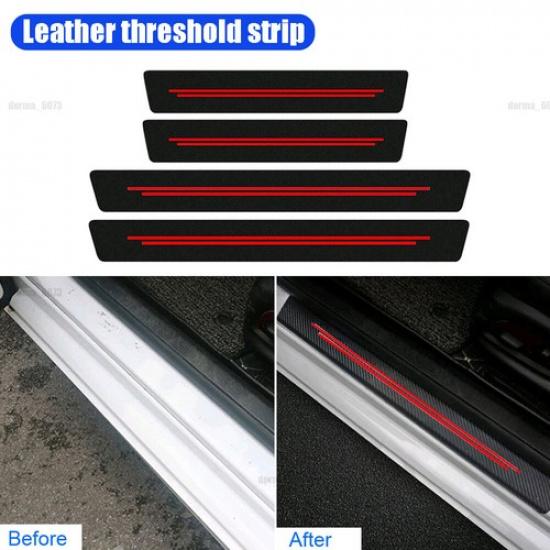 4x Red Carbon Fibre Leather Car Door Sill Protection Cover Sticker Accessories