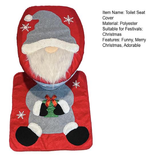 Yousheng Santa Toilet Seat Cover 2-Piece Christmas Bathroom Set Santa Claus Toilet Seat Cover And Mat Set for New Year Indoor Bathroom Decor