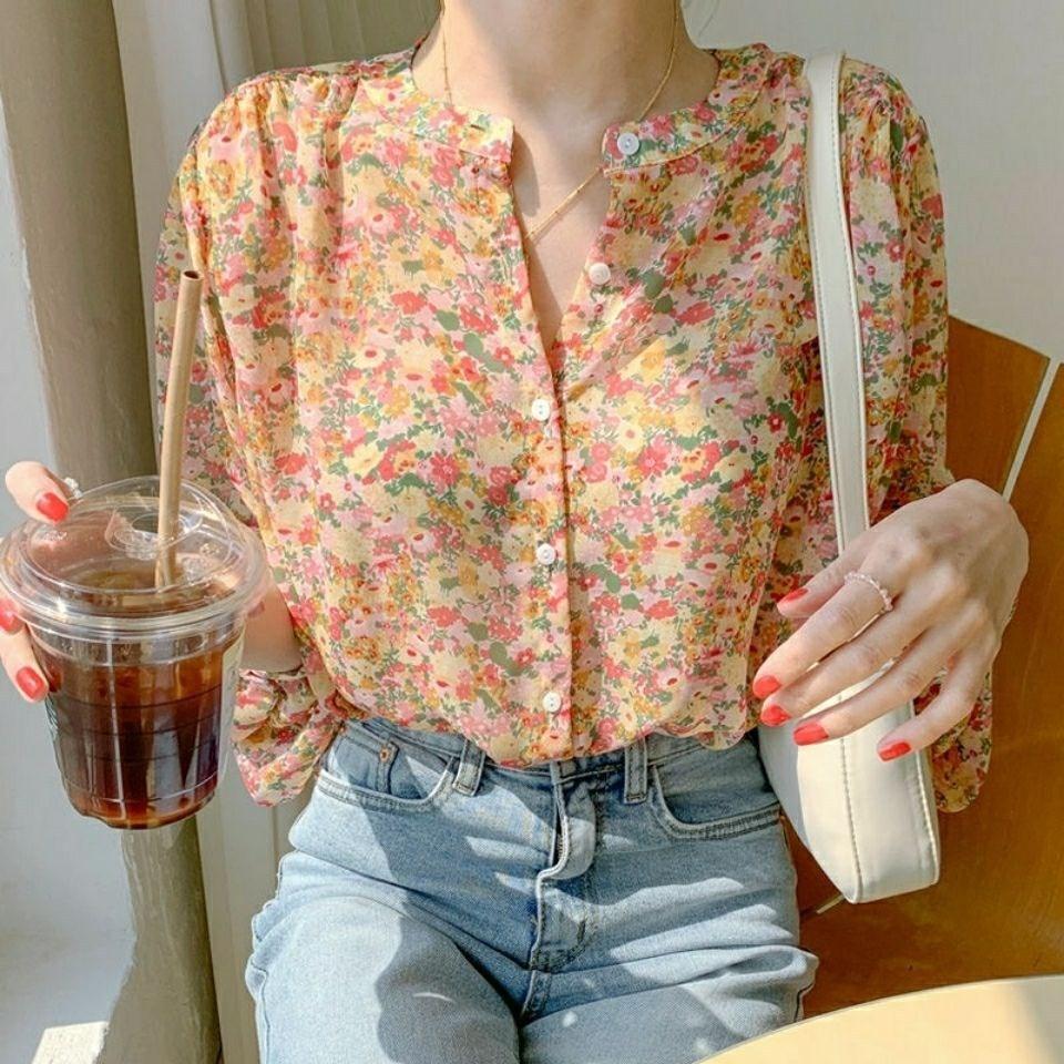 Qooth Women Floral Chiffon Long Sleeve Shirt Elegant Korean Style Spring Printed Sweet Blouse QT1927