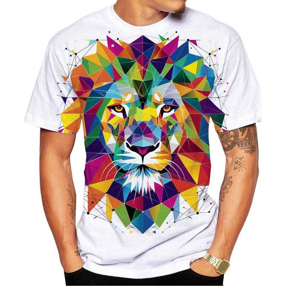 Новая модная мужская и женская детская футболка с круглым вырезом и 3D HD-принтом с геометрическим рисунком льва в уличном стиле унисекс