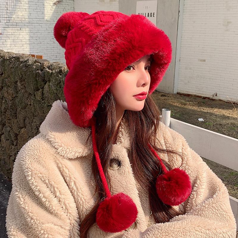 Women's Cashmere Hat Three Wool Balls Autumn Winter Cap Cute Fleece Thickened Warm Solid Knitted Hats