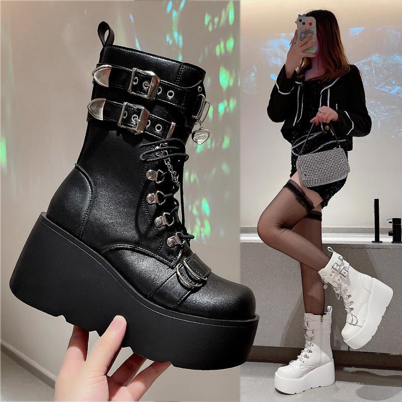 Fashion Punk Style Women's Boots Brand Gothic Long Tube Leather Female Boots Cosplay Ladies High Heels Platform Wedges Womens High Boots