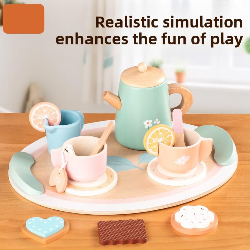 Деревянный набор для послеобеденного чая, чашки для печенья, сервировочная посуда, детские игрушки для творческой ролевой игры