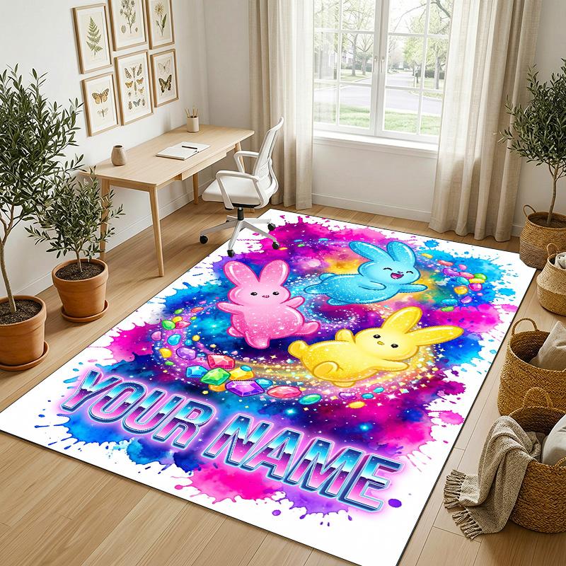 Easter Bunny Theme Crystal Velvet Rug Personalized Custom Name Text Soft Floor Mat Home Decor