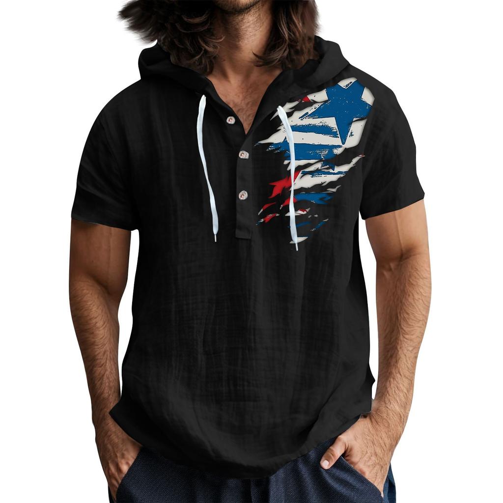 Мужская повседневная футболка с короткими рукавами, капюшоном и открытым воротом на пуговицах