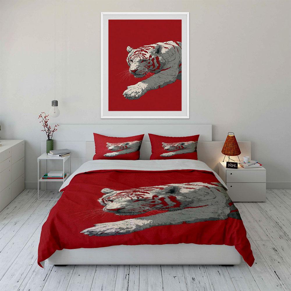 White tiger on red. Bedding sets Duvet cover sets Duvet covers Pillowcases(1*Duvet Cover 2*Pillowcases without duvet insert)